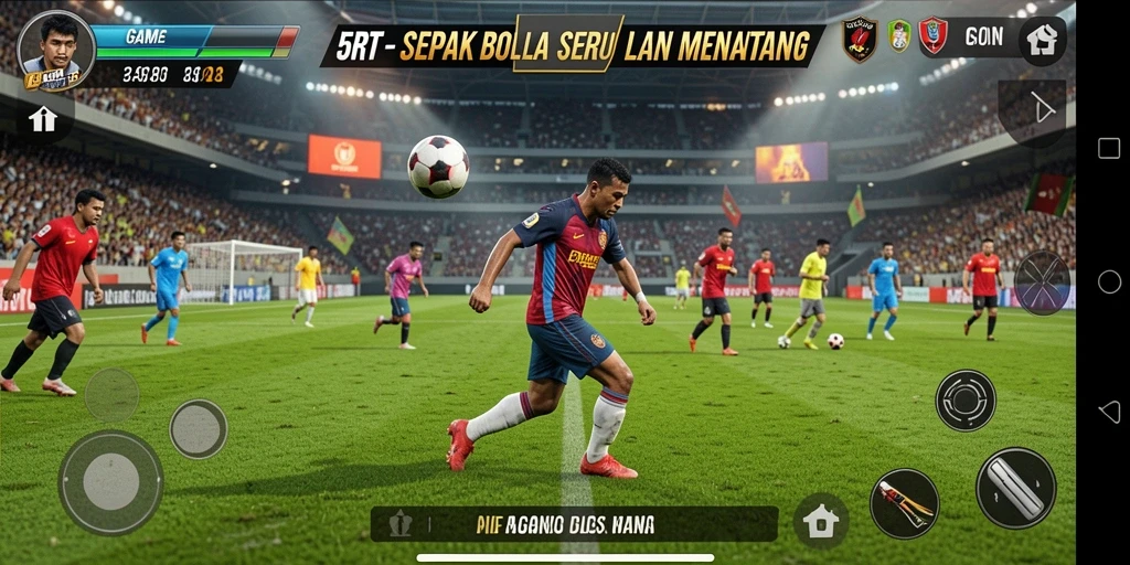 Tangkapan layar permainan 5RT menampilkan aksi sepak bola yang seru.