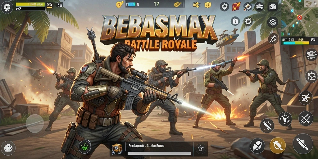 Screenshot gameplay BEBASMAX menampilkan pertempuran intens di arena Battle Royale.