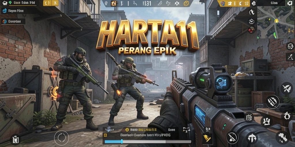 Tampilan gameplay HARTA11 yang mendebarkan dan penuh aksi dalam pertempuran FPS.