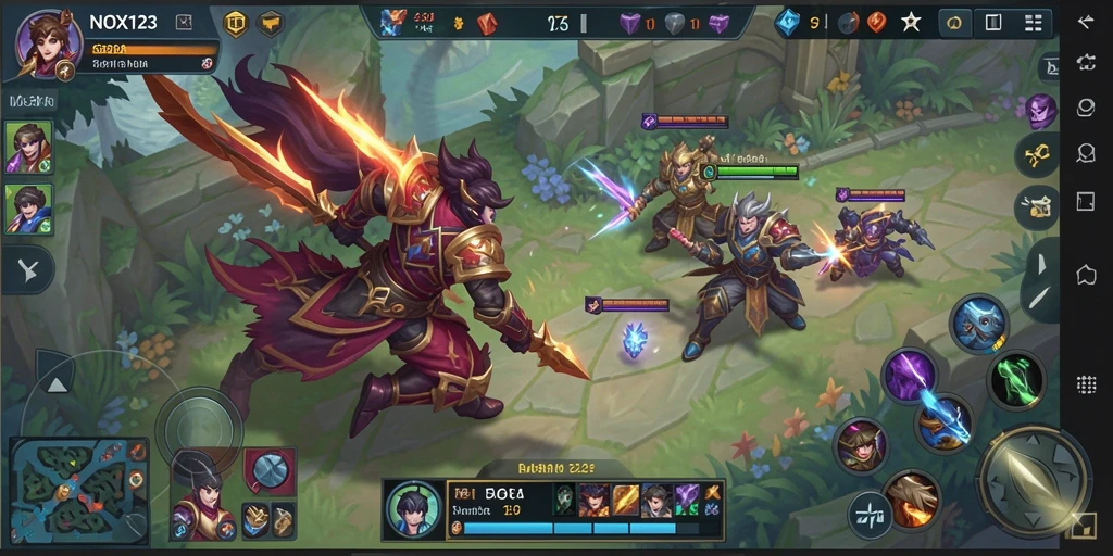 Screenshot gameplay NOX123 yang menampilkan aksi pertarungan seru dalam dunia MOBA.