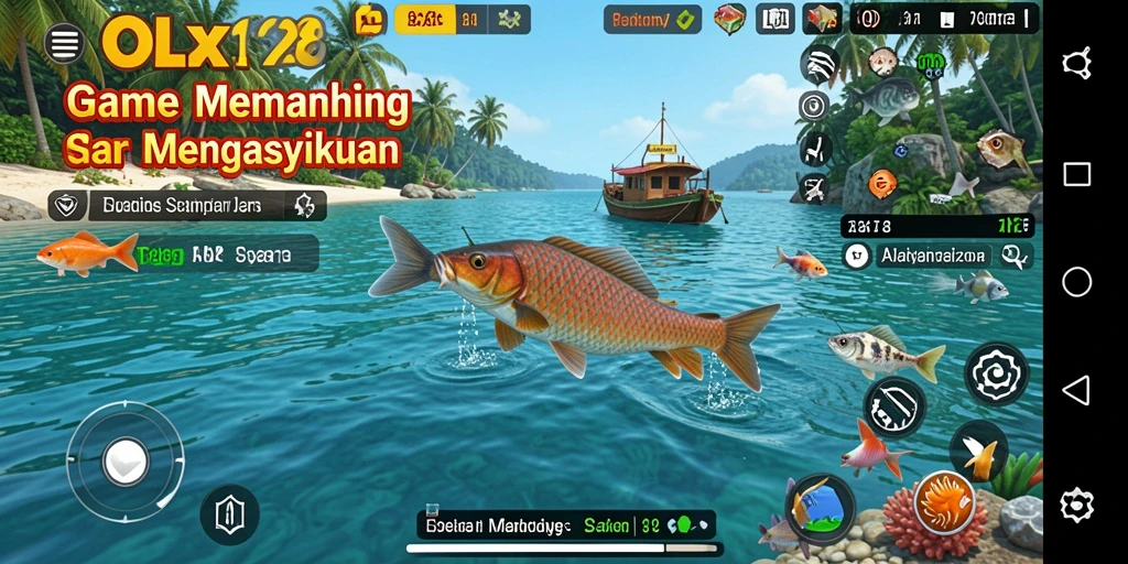 Screenshot utama OLX128 menampilkan aksi memancing yang mendebarkan.