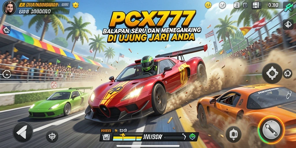 Screenshot utama menunjukkan aksi balapan mendebarkan dalam PCX777.