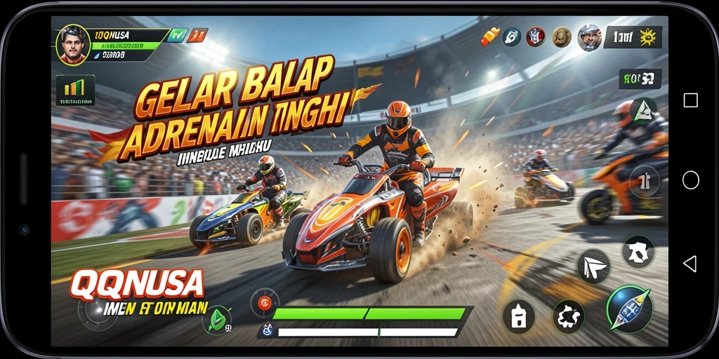 Tampilan utama gameplay QQNUSA yang penuh aksi balapan.