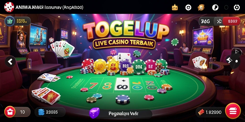 Screenshot gameplay TOGELUP menampilkan dealer cantik dan suasana kasino yang hidup.